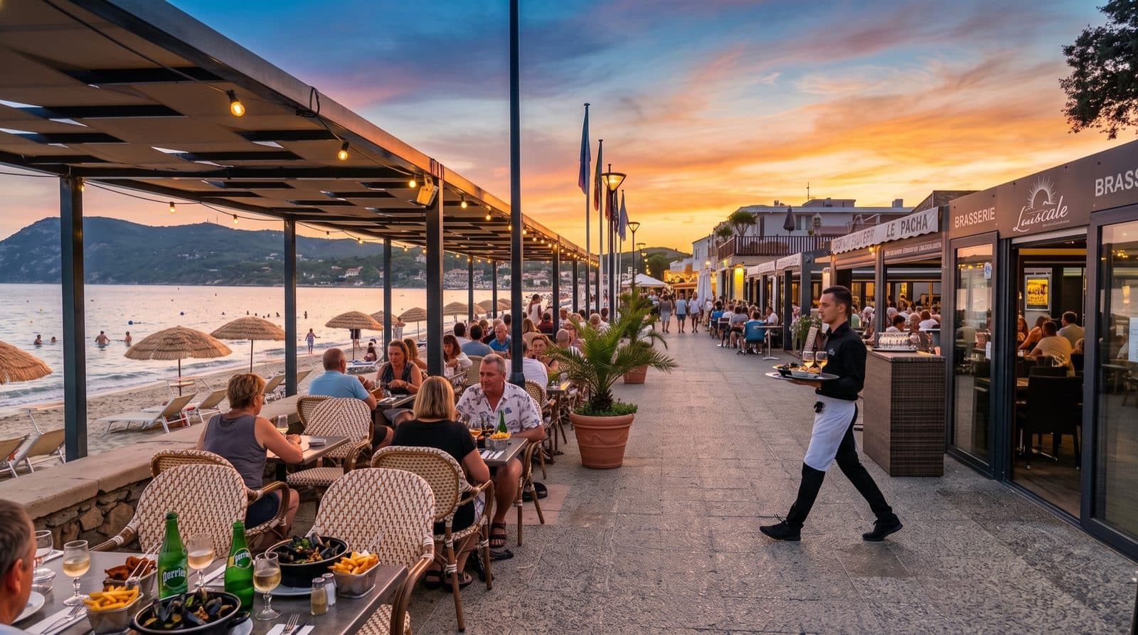 Les terrasses de restaurants du front de mer des Sablettes au coucher du soleil, entre la plage et les brasseries